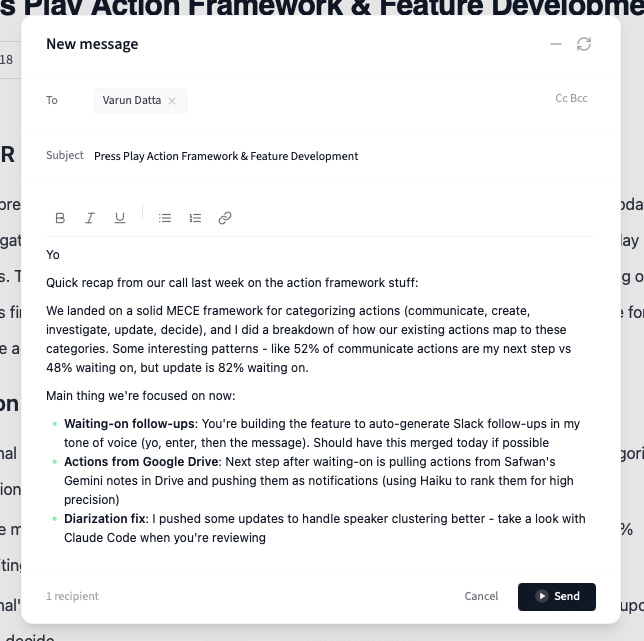 Follow-up email drafted in your voice, ready to review and send