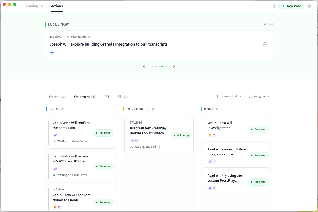 PressPlay actions board showing Focus Now, To Do, In Progress, and Done columns